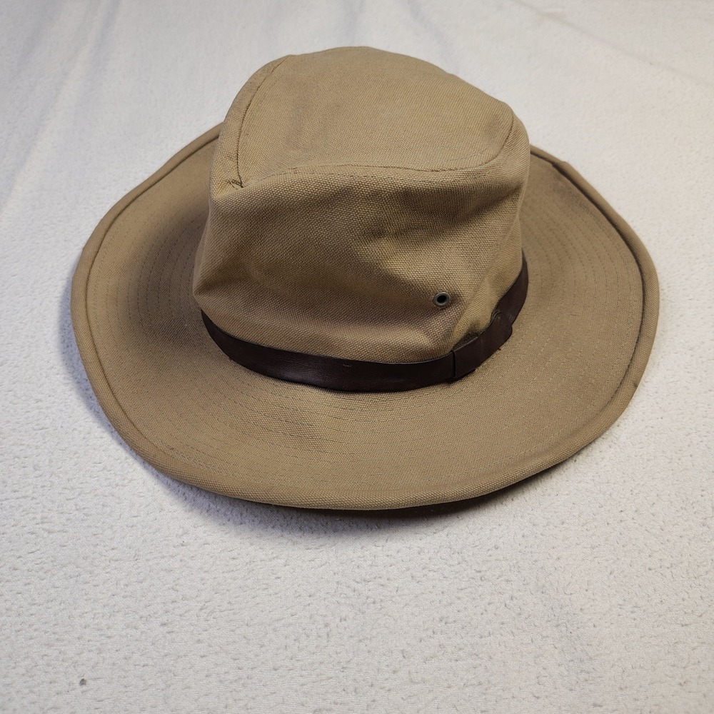 Orvis Mens Safari Fedora Hat Medium Tan Canvas Leather Band Made in USA Gorpcore